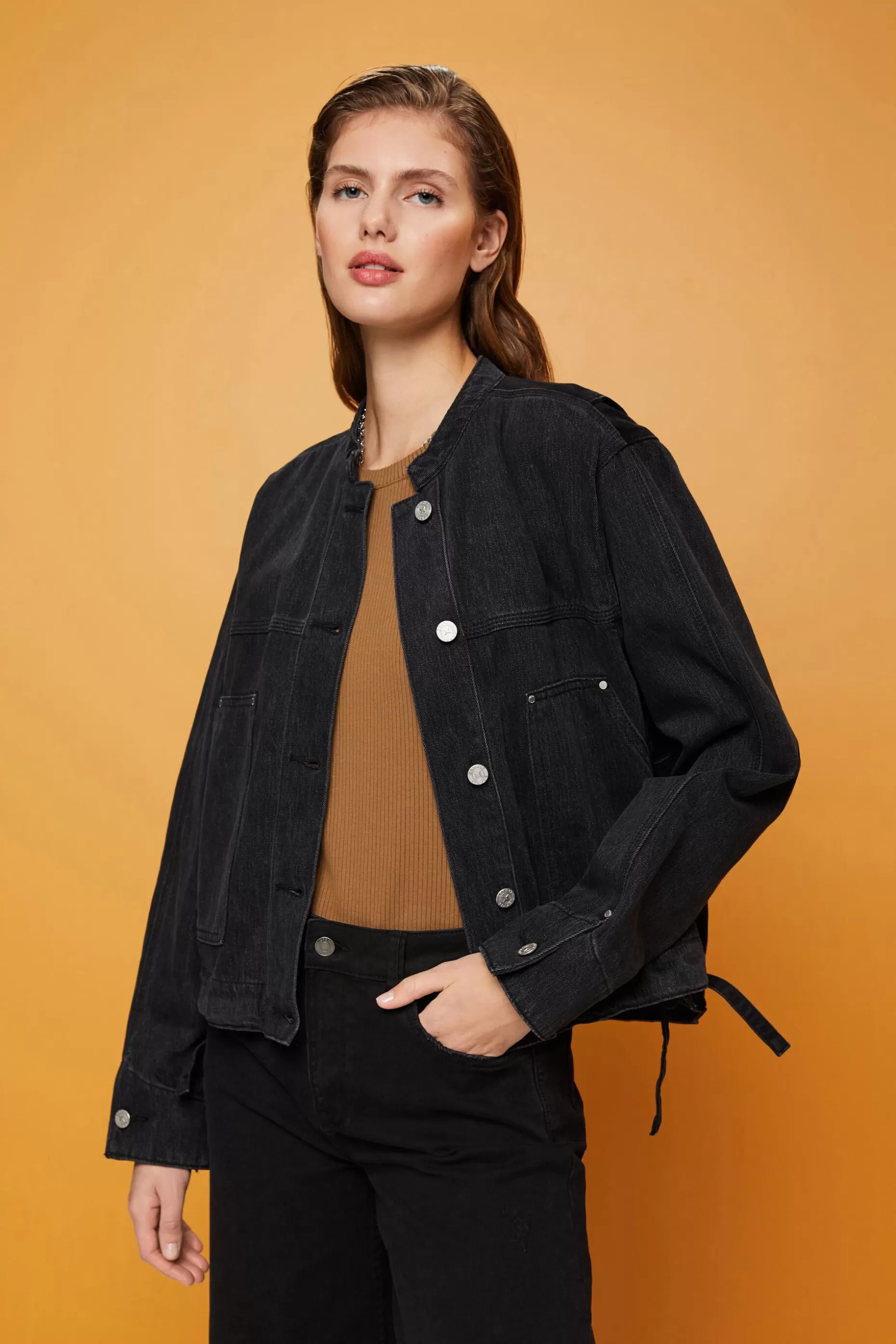 ESPRIT Collarless denim jacket with drawstrings at our Online Shop *Women Clearance 60%-70% Off
