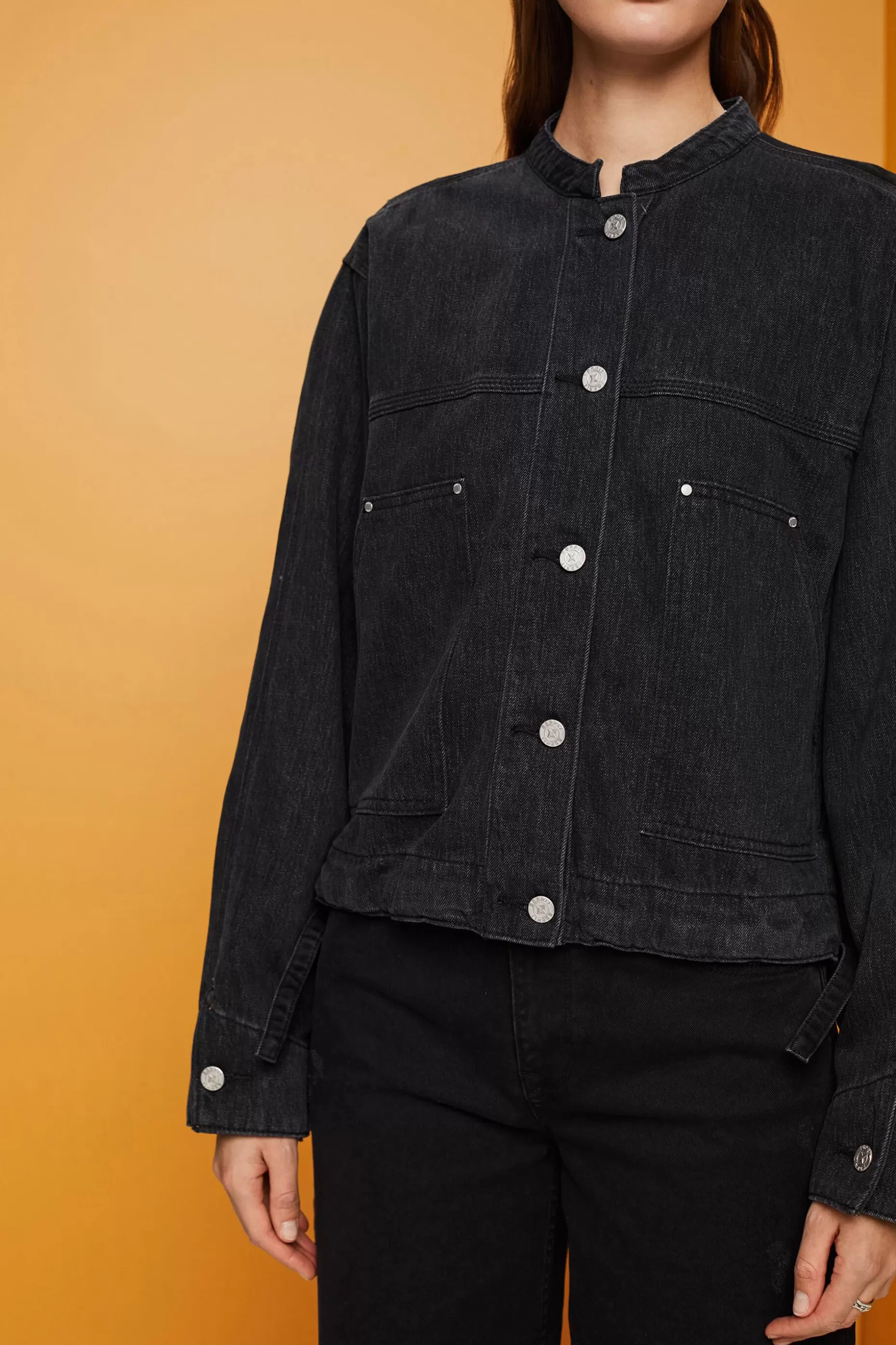 ESPRIT Collarless denim jacket with drawstrings at our Online Shop *Women Clearance 60%-70% Off