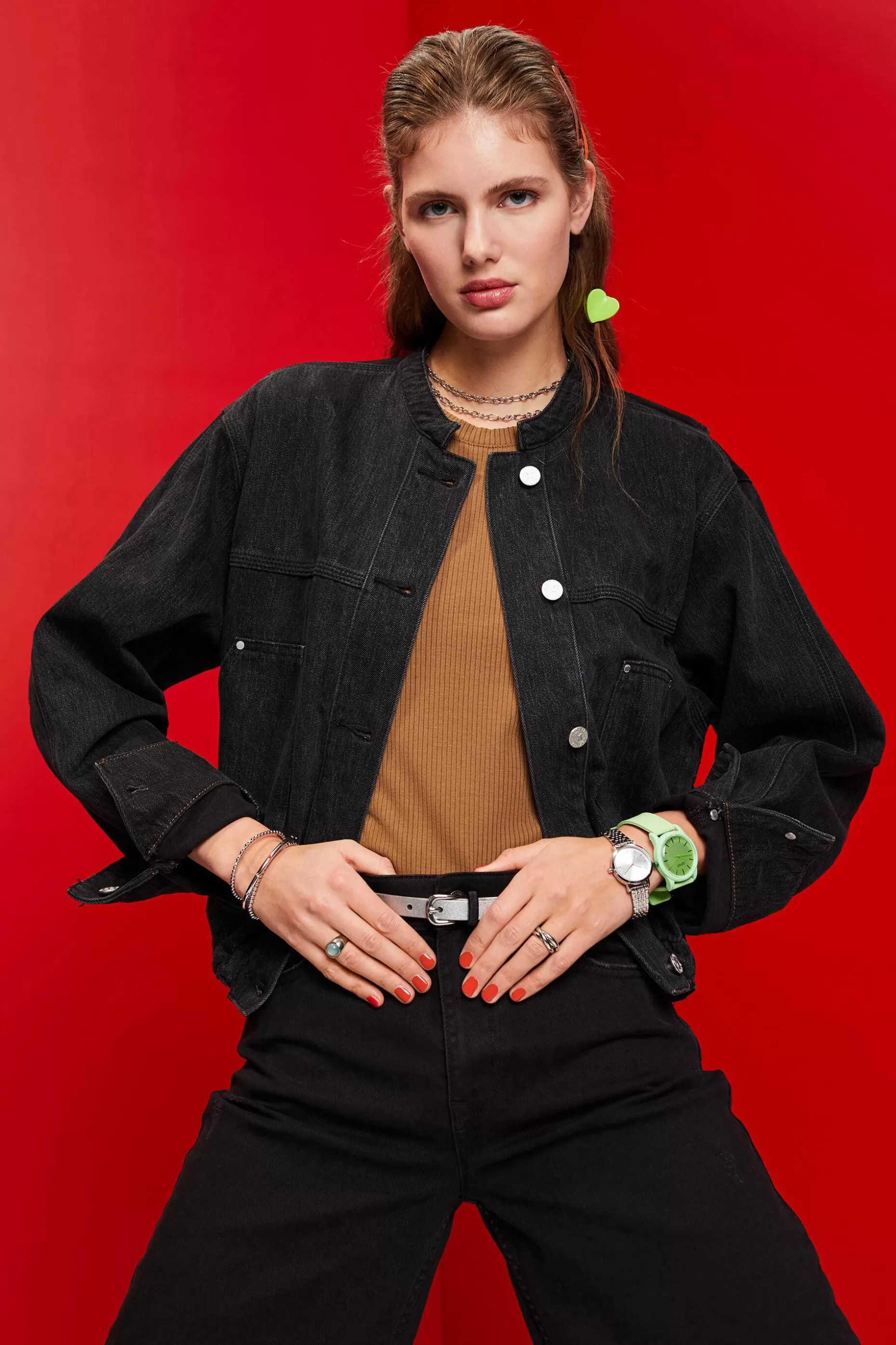 ESPRIT Collarless denim jacket with drawstrings at our Online Shop *Women Clearance 60%-70% Off
