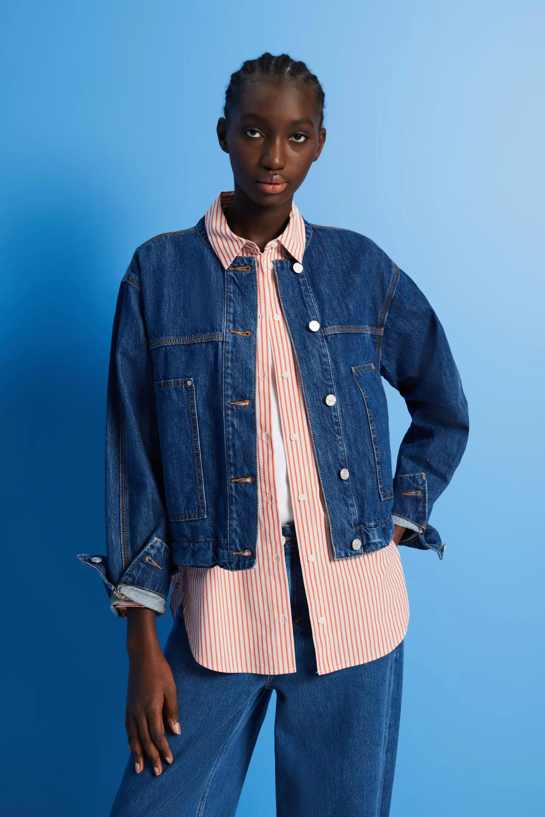 ESPRIT Collarless denim jacket with drawstrings at our Online Shop *Women Clearance 60%-70% Off