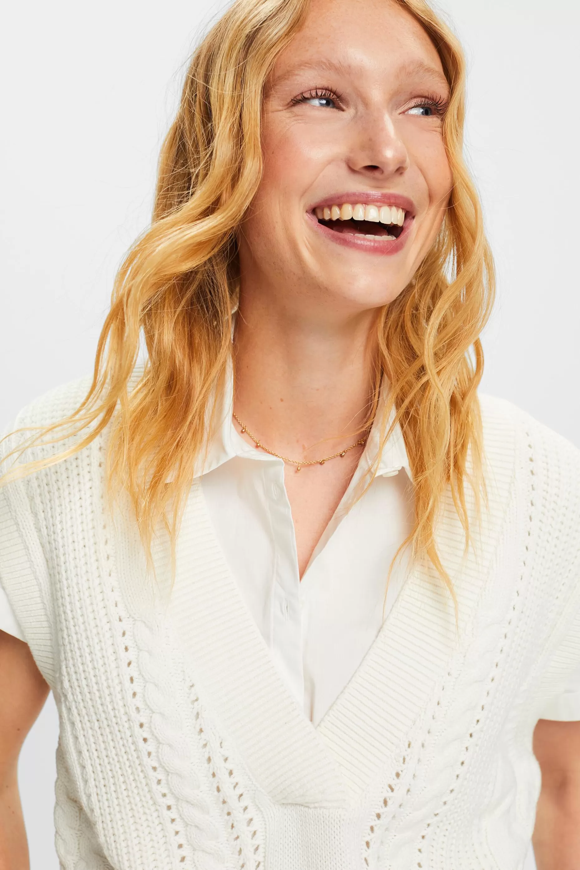 ESPRIT Cotton-Blend Cable Knit Vest at our Online Shop *Women Tops