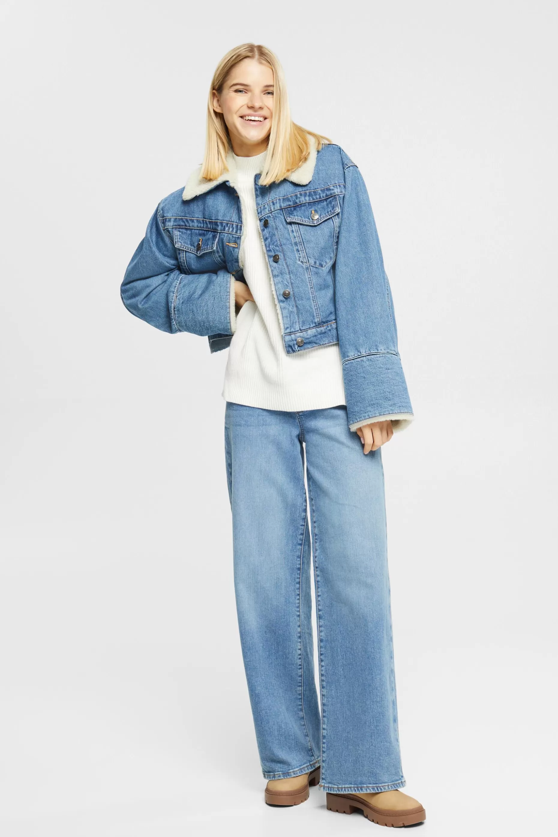 ESPRIT Cropped denim jacket with faux fur trimming at our Online Shop *Women Jackets + Coats