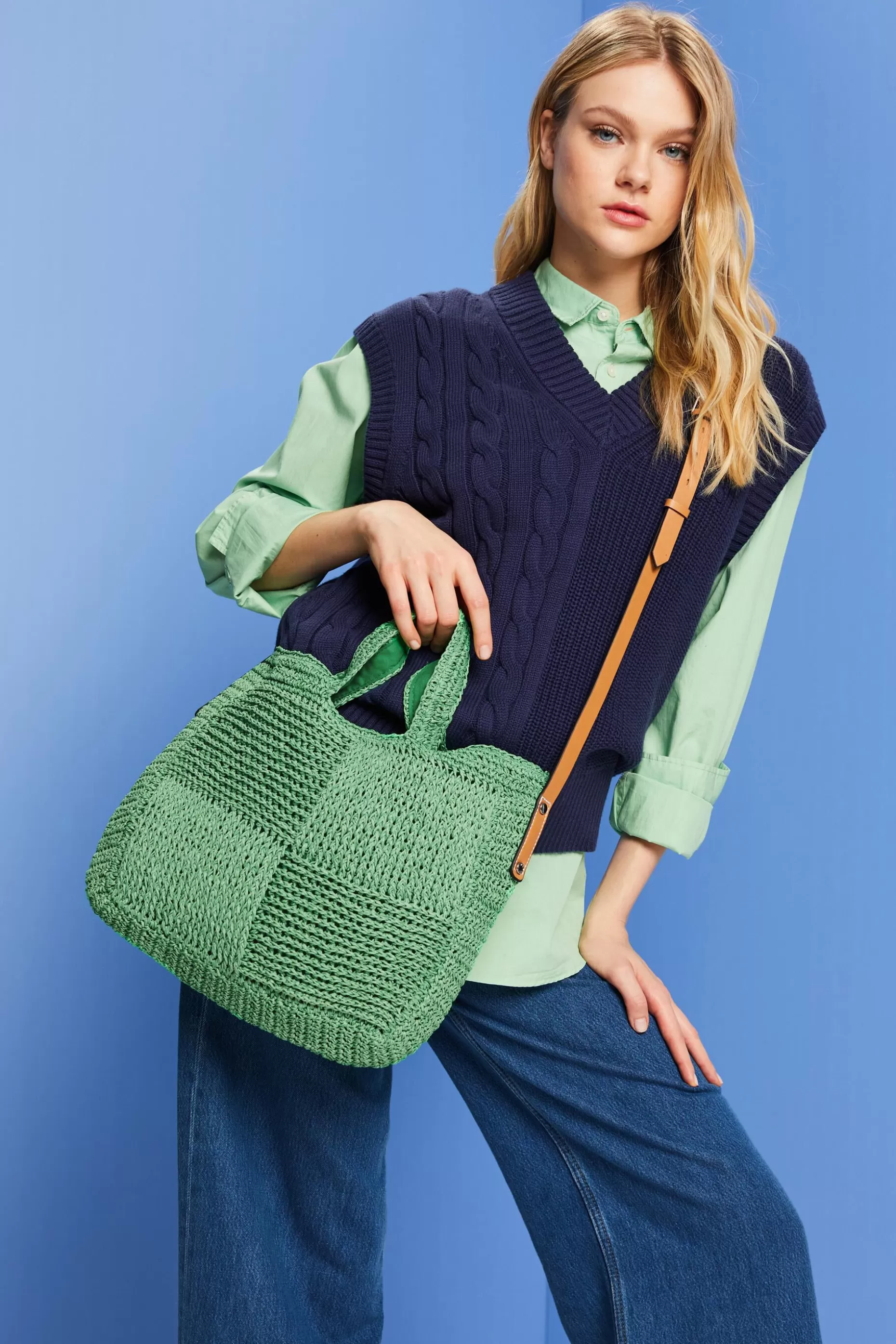 ESPRIT Faux Leather Trim Woven Raffia Bag at our Online Shop *Women Bags