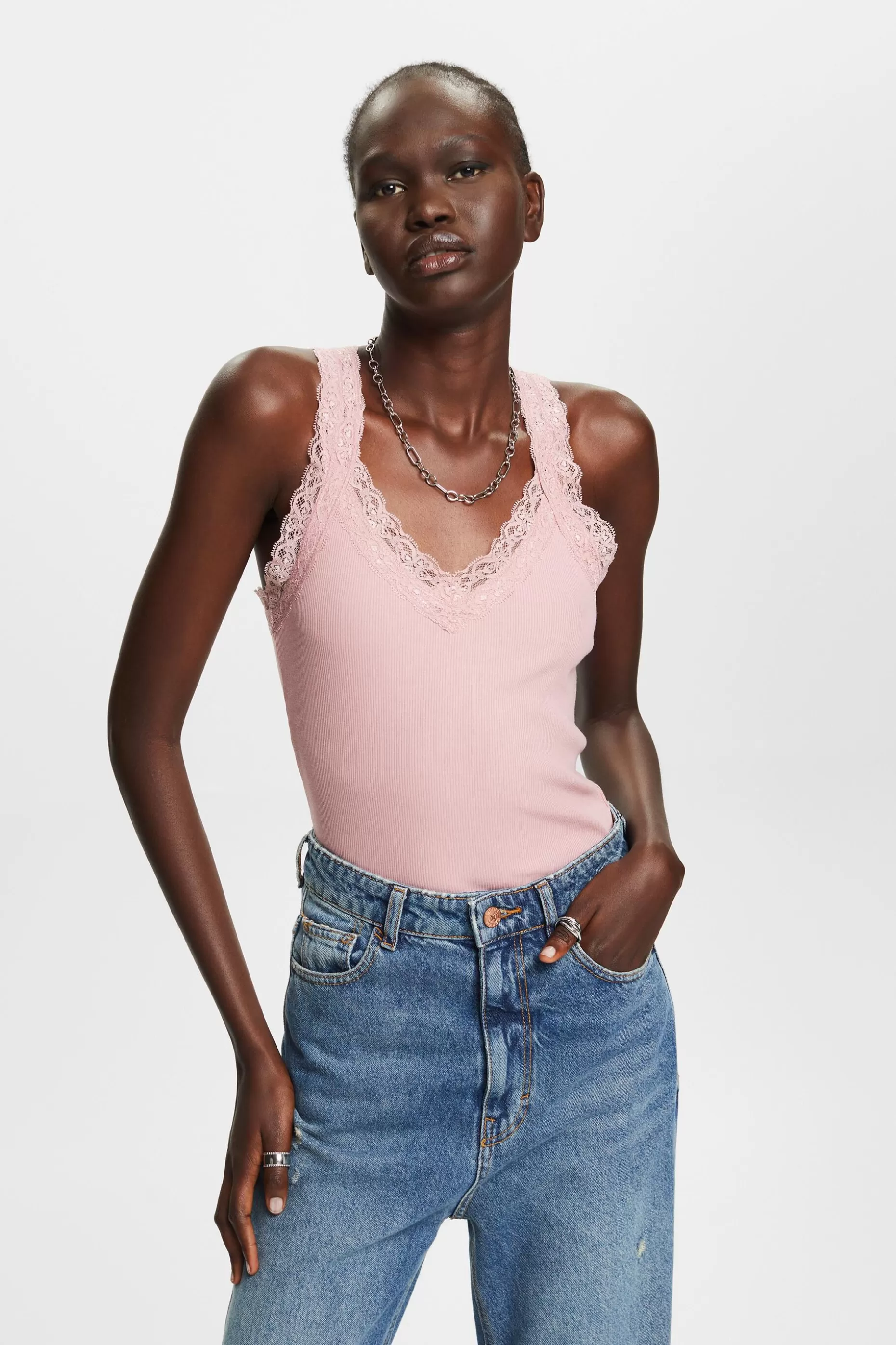ESPRIT Lace Rib-Knit Jersey Top at our Online Shop *Women T-Shirts + Tops