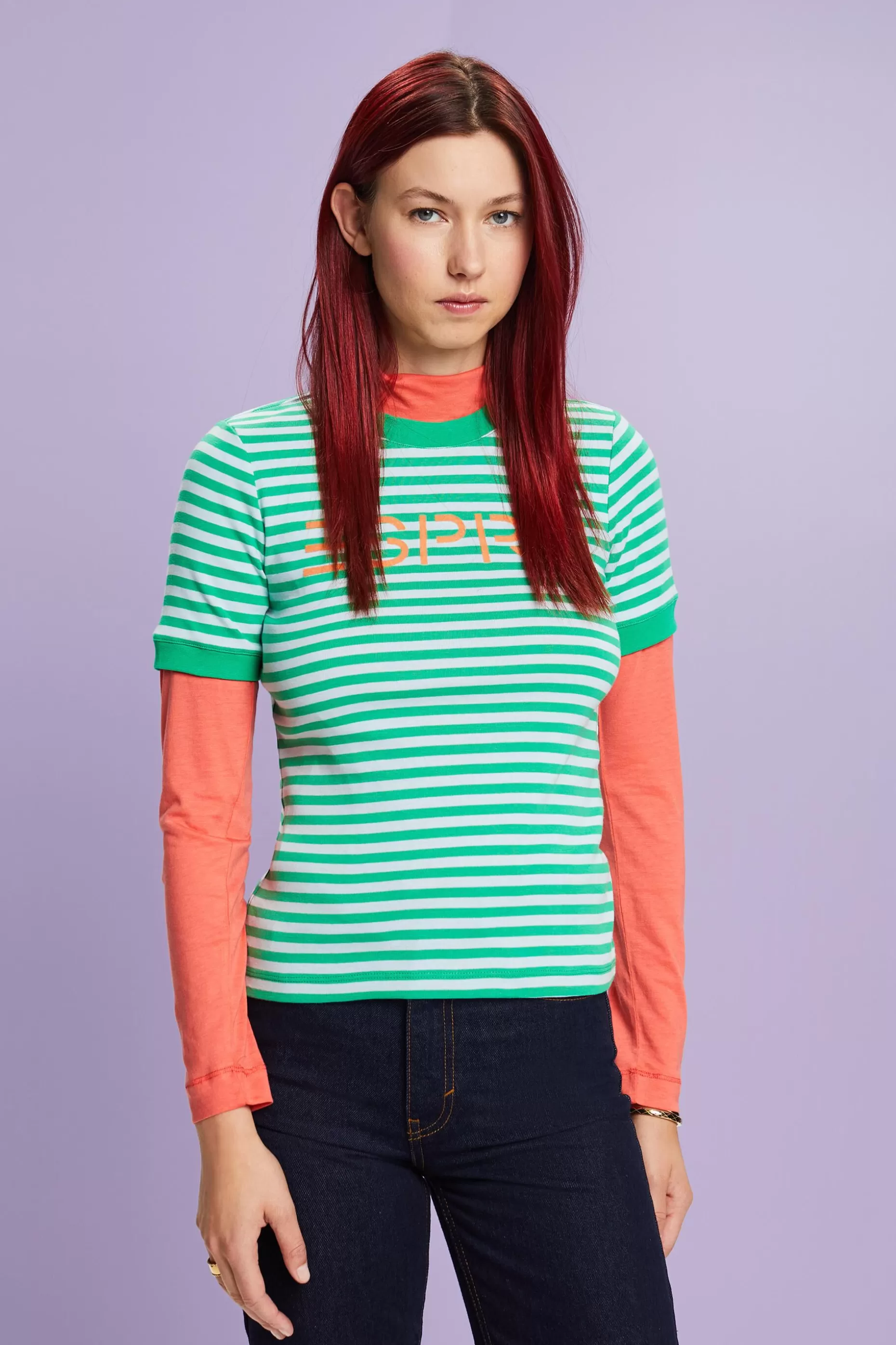 ESPRIT Logo-Print Striped Cotton T-Shirt at our Online Shop *Women T-Shirts + Tops