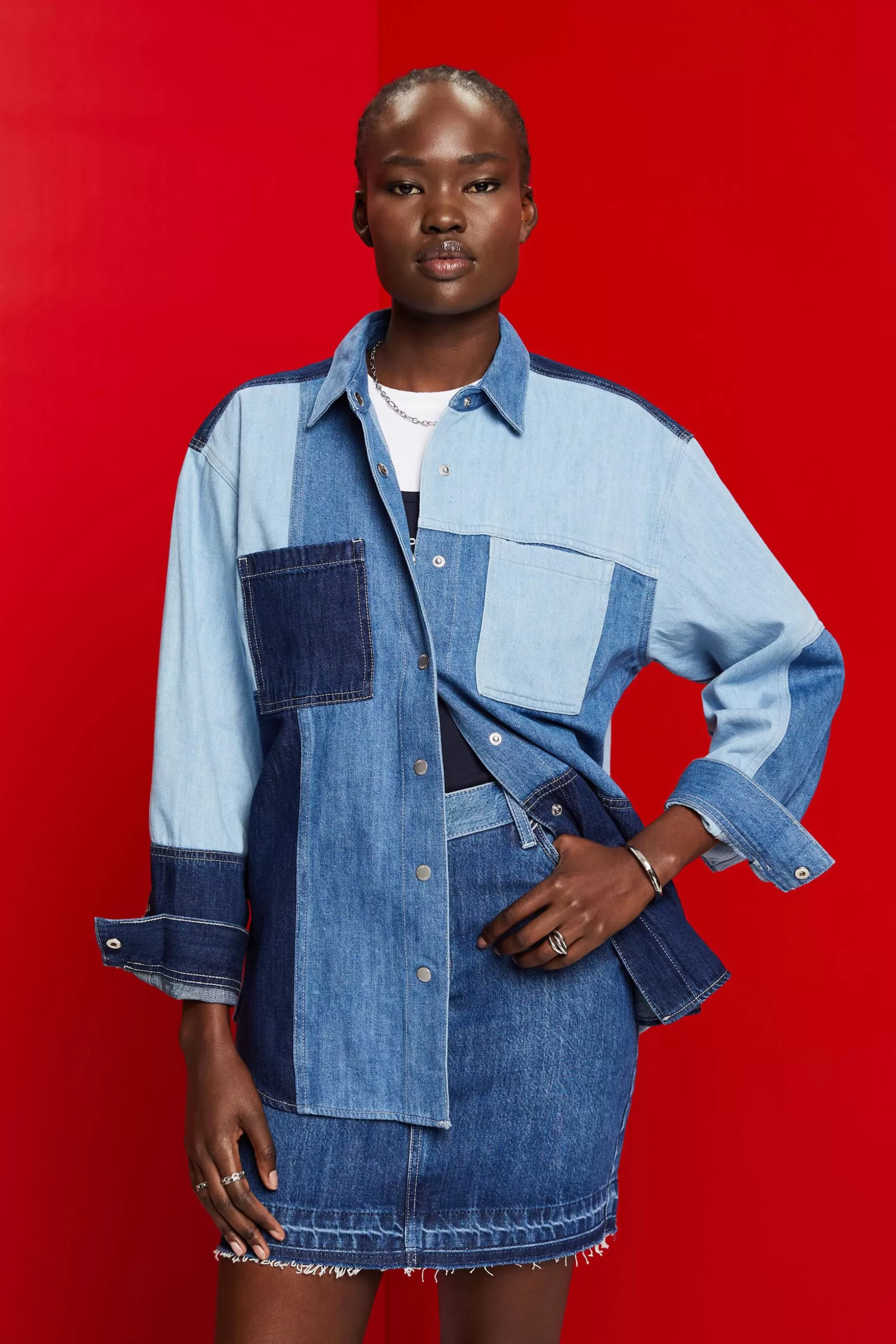 ESPRIT Patchwork jeans shirt, cotton blend at our Online Shop * Sale Under $50