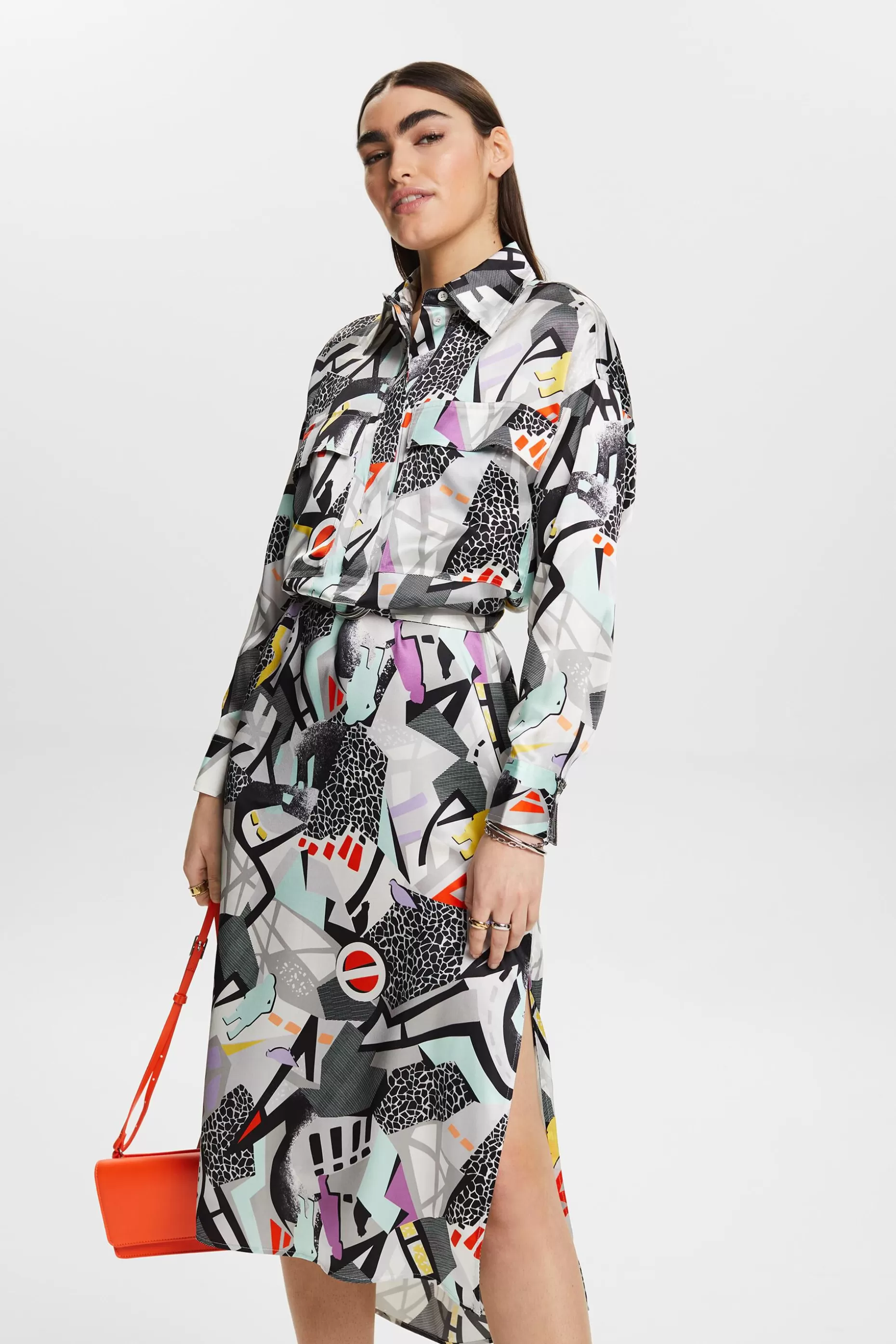 ESPRIT Printed Silk Satin Belted Midi Dress at our Online Shop *Women Dresses + Jumpsuits