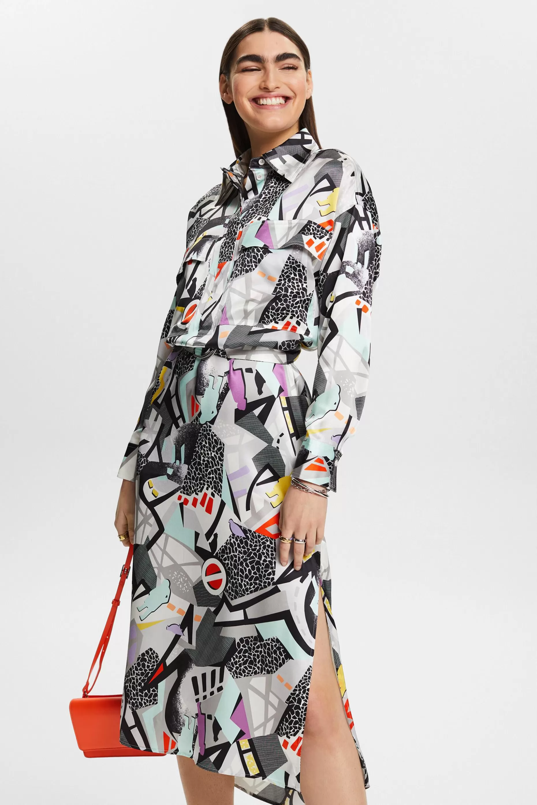 ESPRIT Printed Silk Satin Belted Midi Dress at our Online Shop *Women Dresses + Jumpsuits