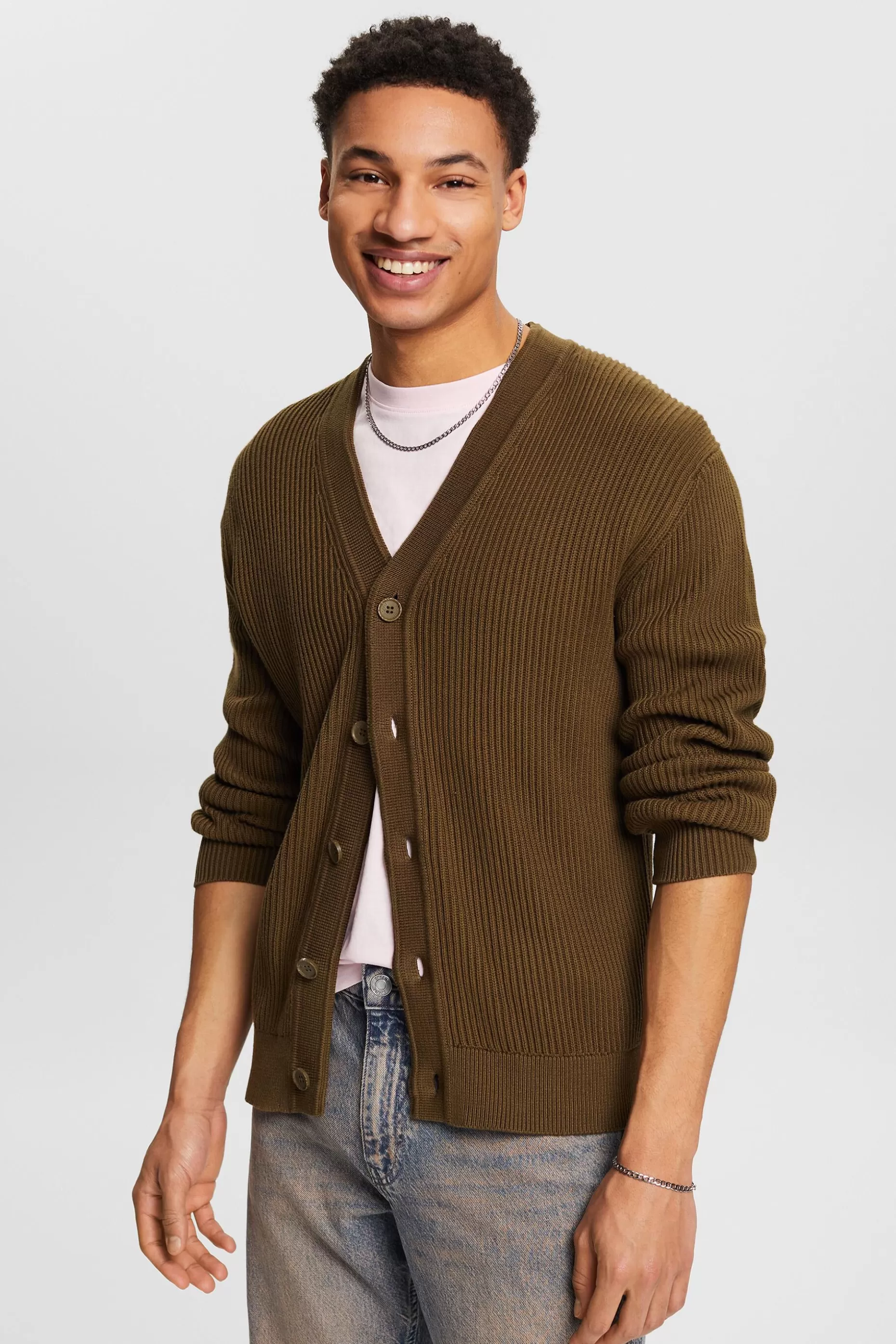 ESPRIT Rib-Knit V-Neck Cardigan at our Online Shop *Men Sweaters
