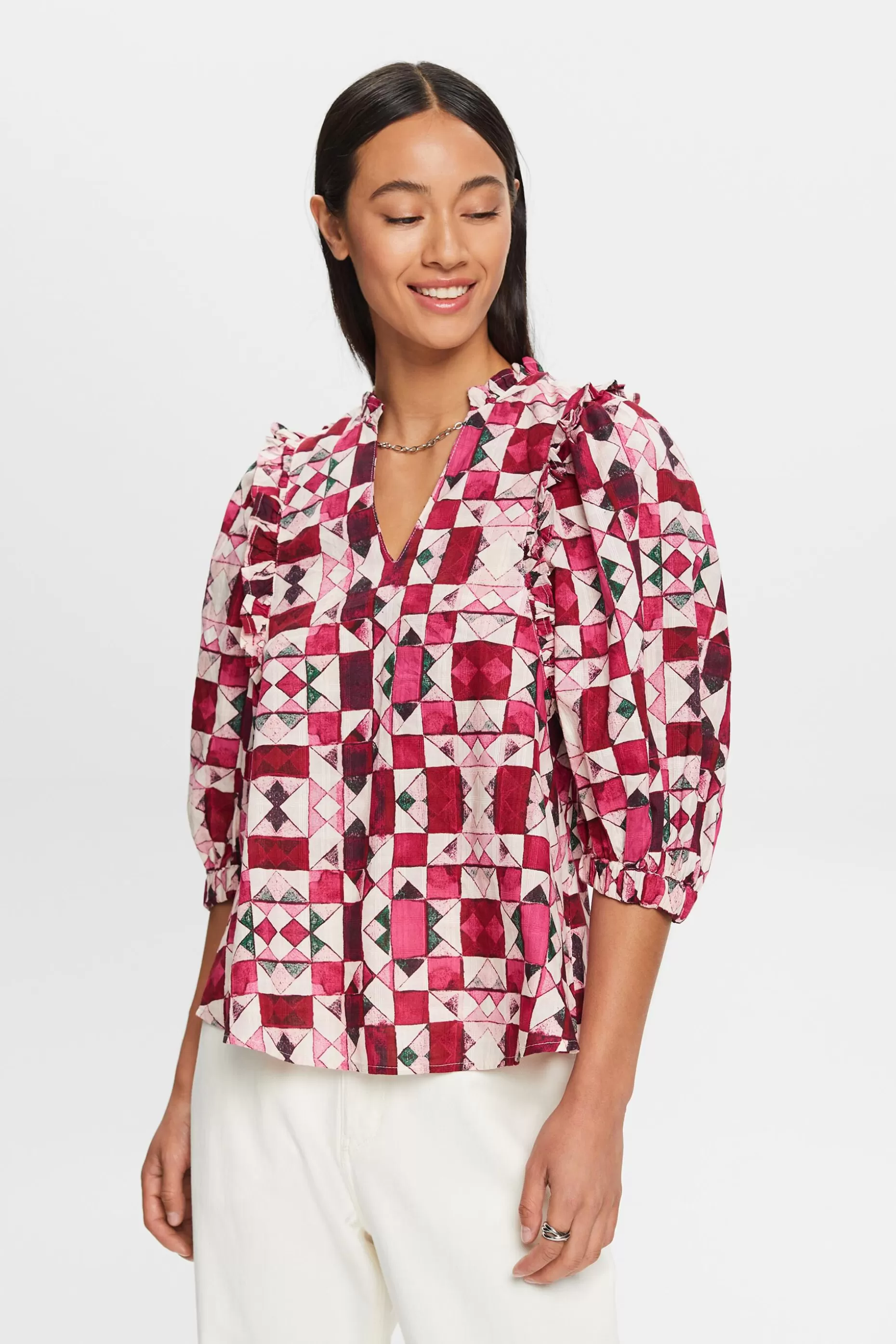 ESPRIT Ruffle Trim Dobby Cotton Blouse at our Online Shop * Sale Under $30